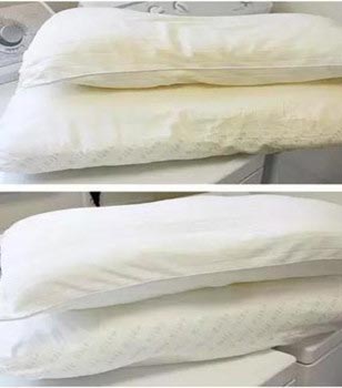 發黃的枕套用凱潔莉洗衣粉洗滌前后對比